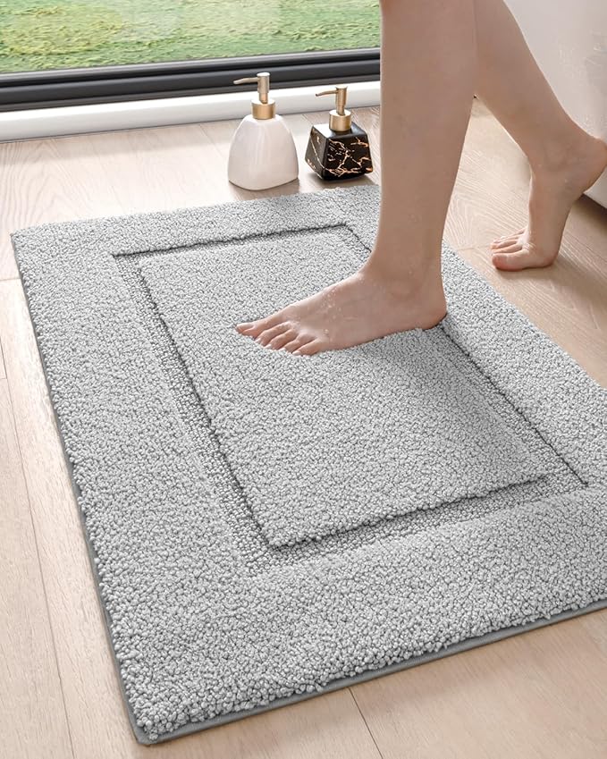 DEXI Bathroom Rugs 24x16, Washable Non Slip Bath Mat for Shower Floor, Absorbent Quick Dry Bathmat with Rubber Backing, Ultra Soft Plush Carpet for Tub, Light Grey