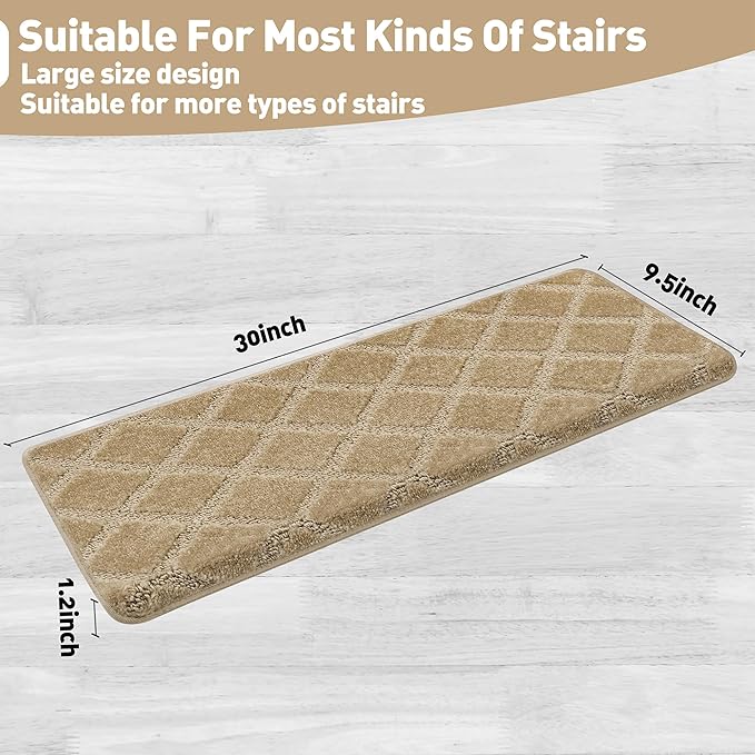 PURE ERA Bullnose Carpet Stair Treads Set Tape Free Non-Slip Indoor Stair Protectors Pet Friendly Rugs 9.5" x 30"(14 Pieces,Khaki Diamond Trellis)