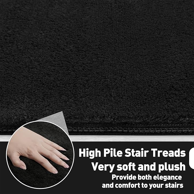 PURE ERA Carpet Stair Treads Ultra Plush 9.5" X 30"Soft Bullnose Indoor Stair Protectors Pet-Friendly Non-Slip Skid Resistant Tape Free Washable Reusable(14 Pieces,Black)