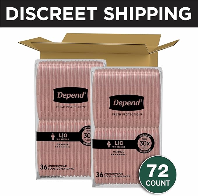 Depend Fresh Protection Adult Diapers, Incontinence & Postpartum Bladder Leak Underwear for Women, Disposable, Maximum, Large, Blush, 72 Count (2 Packs of 36), Packaging May Vary