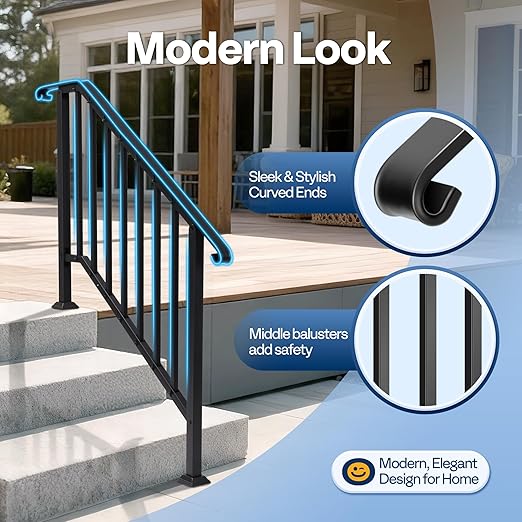 VIVOHOME 2-Pack 4 Step Galvanized Steel Hand Rails for Outdoor Steps – Curved Ends and Safety Balusters Exterior Railing for Porch, Deck, or Indoor Stairs, Complete Installation Kit