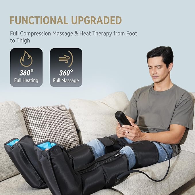FIT KING Air Compression Leg Massager with Heat and Compression for Circulation and Pain Relief, Full Leg & Foot Massager for Swelling Edema RLS with Pressure Sensor LCD Display for Dad Mom Wife