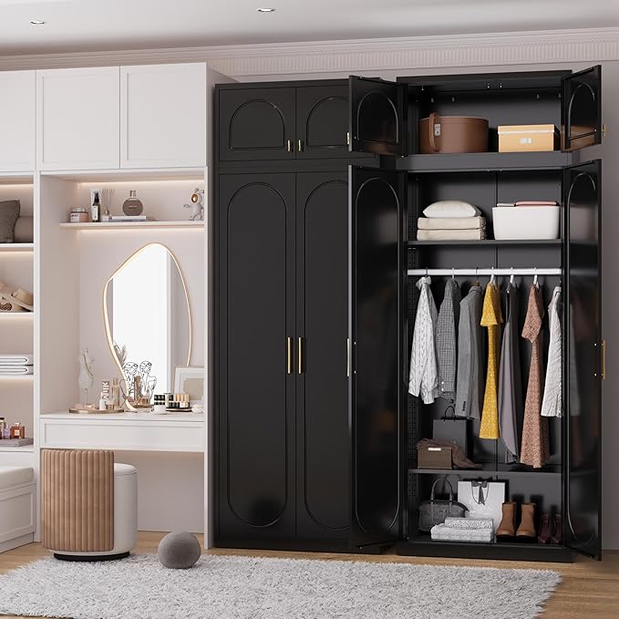 Metal Armoire Wardrobe Closet, 86 Inch Tall Freestanding Wardrobe Cabinet with Hanging Rod, Bedroom Armoires with Doors, 18" D x 32" W x 86" H, Black, Assemble Required, Shipped in Two Packages
