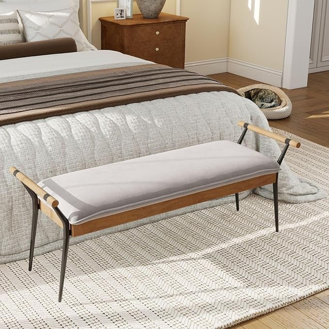 LukeAlon Modern Chenille Entryway Bench, Upholstered End of Bed Bench with Arms Classic Bedroom Ottoman Bench with Metal Legs Elegant Footstool for Entrance Living Room, Grey