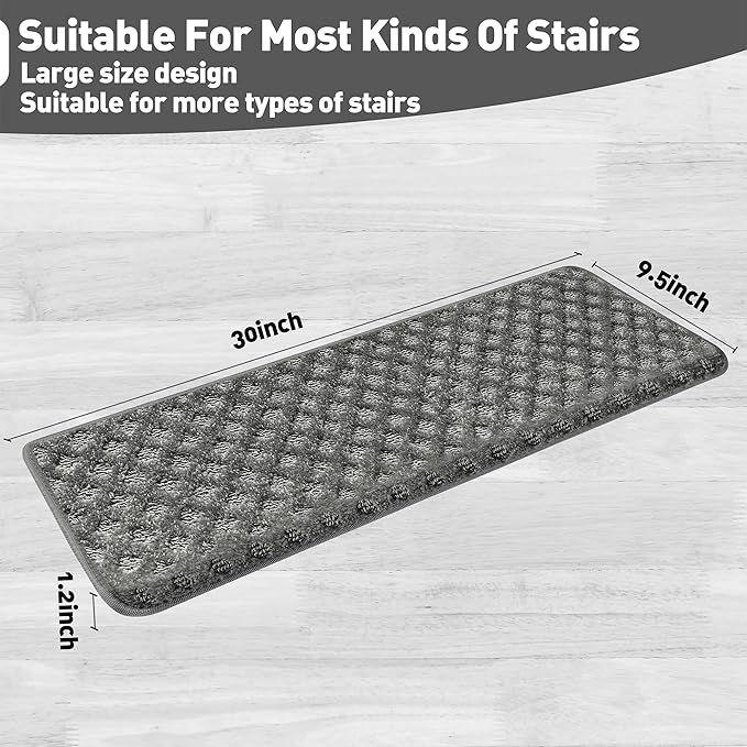 PURE ERA Bullnose Carpet Stair Treads Set Tape Free Non-Slip Indoor Stair Protectors Pet Friendly Rugs9.5" x 30"(14 Pieces,Grey Mini-Diamond Trellis)