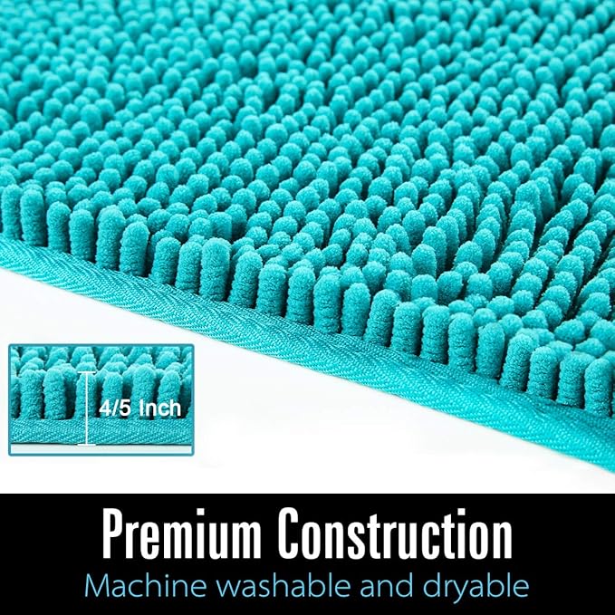 LOCHAS Luxury Bathroom Rug Shaggy Bath Mat 24 x 48 Inch, Washable Non Slip Bath Rugs for Bathroom Shower, Soft Plush Chenille Absorbent Carpets Mats, Teal Blue