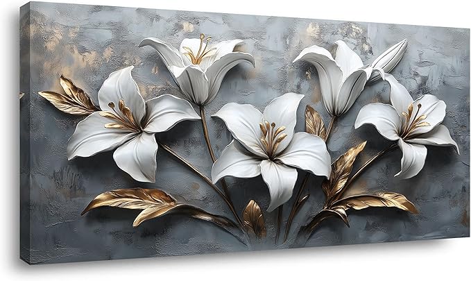 White Flowers Wall Art for Living Room Canvas Painting Prints Beautiful Floral Gold Leaves Gray Modern Artwork Office Bedroom Girls Decor Large