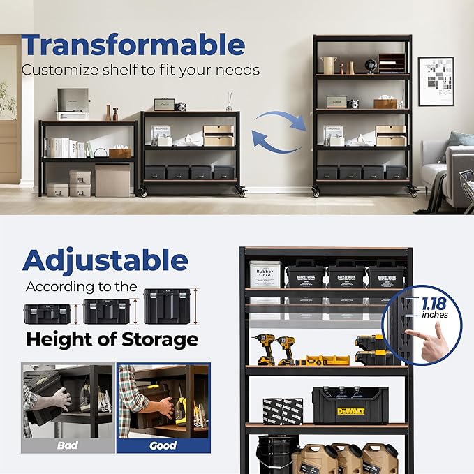 HOMEDANT House 5-Tier Metal Rolling Cart Shelf Rack Casters Heavy Duty Laminated Wheel Shelving Unit Adjustable Utility Storage Shelves Organizer Shelf Kitchen Garage (2, (L) 48.1" W, Black)