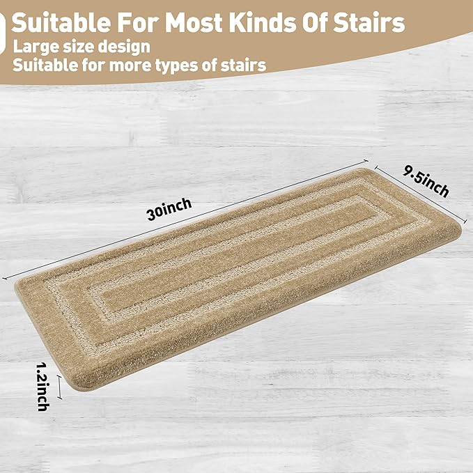 PURE ERA Bullnose Carpet Stair Treads Set Tape Free Non-Slip Indoor Stair Protectors Pet Friendly Rugs 9.5" x 30"(2 Pieces,Khaki Rectangular)