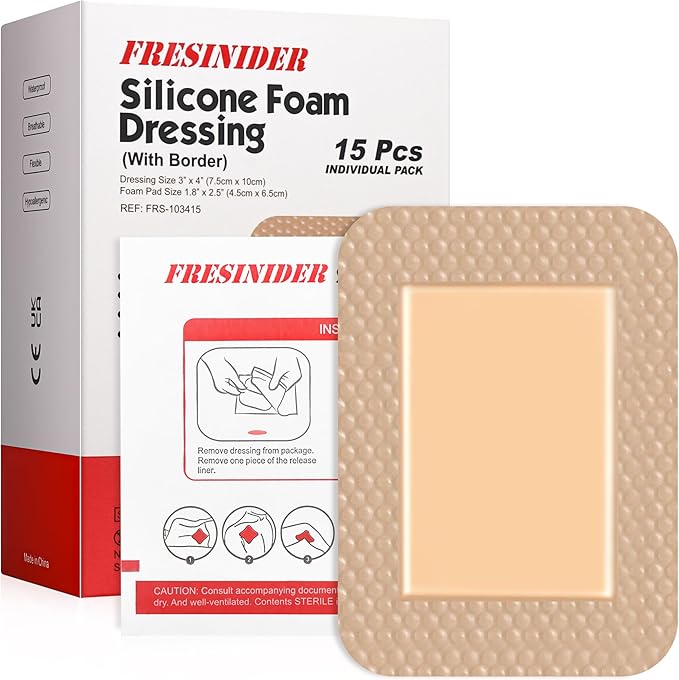 FRESINIDER Silicone Foam Dressing 3" x 4", 15 Pack – Soft Silicone Border Foam Dressing for Pressure Areas, Daily Wound Care & Post-Procedure Use – Absorbent, Breathable & Skin-Friendly