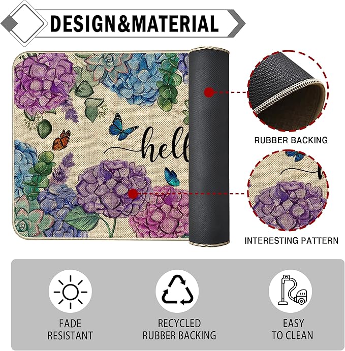 Welcome Spring Door Mat Hydrangea Flowers Floral Doormat Indoor Outdoor Entrance Outdoor Rug Low-Profile Floor Rug Non Slip Spring Summer Decor Rubber Mats for Home Decoration 17x36Inch