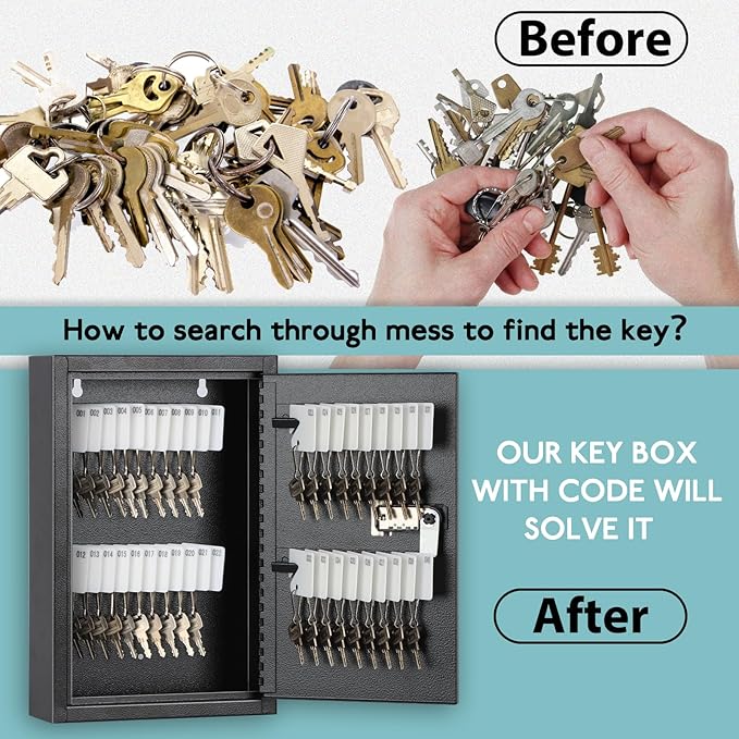 KYODOLED Locking Key Cabinet, 40 Key Storage Lock Box with Code, Key Box Wall Mount with Combination Lock, Key Hooks & Tags Labels for Home, Office, Business, 2.5" D x 8" W x 12" H (Black,40 Key)