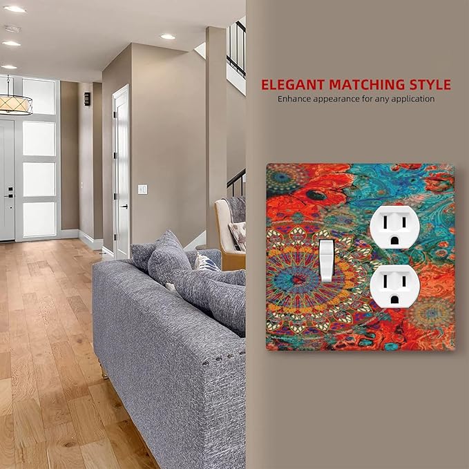 Decorative Light Switch Cover Plate Abstract Ombre Colorful Indian Mandala 2 Gang Outlet Covers 1 Toggle 1 Duplex Wall Plate Decorate Electrical Switch Plate Covers for Bedroom Bathroom Decor