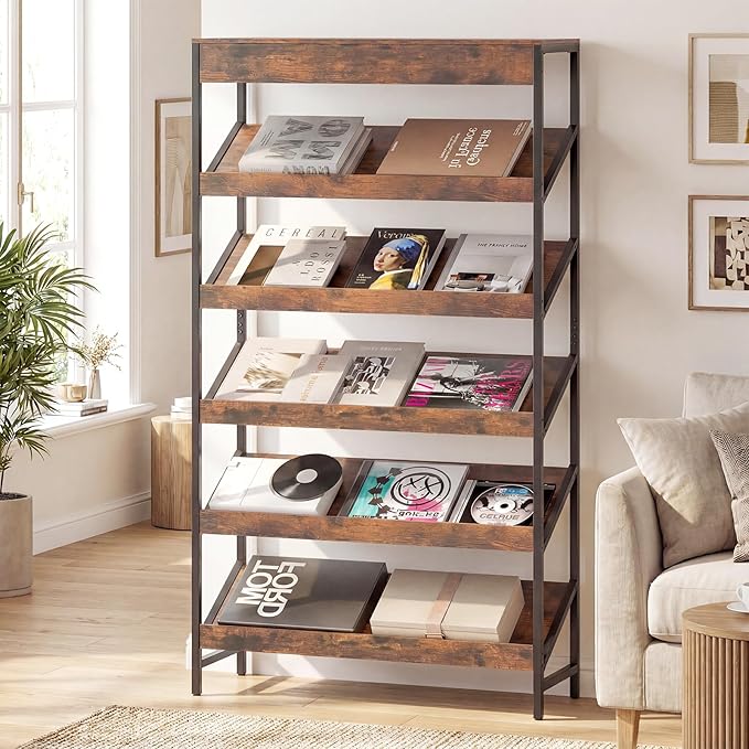 Tangkula 6-Tier Bookshelf, Tall Freestanding Bookcase with Angled Shelves, Industrial Display Rack Storage Organizer with Metal Frame & Anti-Tip Kits for Home Office Living Room (2, Rustic Brown)