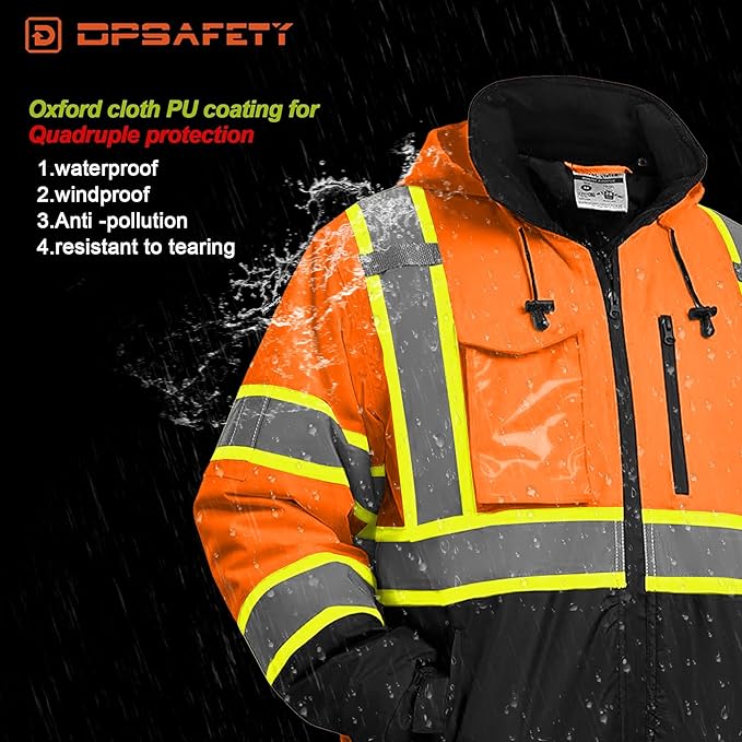 Hi Vis Safety jacket for men,Reflective high Visibility Hooded jacket,Work Bomber Jacket with Pockets and Zipper,Waterproof,ANSI Class 3 Black Bottom Tangerine,5XL