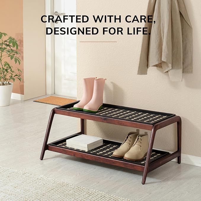 Anji Mountain Heavy Duty Waterproof Wooden Shoe Storage Mat Organizer/Boot Storage Tray Multi Use for Entryway with Coir, Gray and Ivory Insert, 2 Tier, Fits 6 Pair (36.5" Wide)