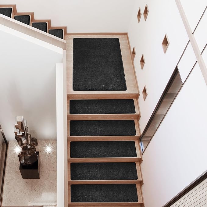 PURE ERA Carpet Stair Treads Ultra Plush 8" X 30" Soft Indoor Stair Protectors Pet-Friendly Non-Slip Skid Resistant Tape Free Washable Reusable(14 Pieces, Black)
