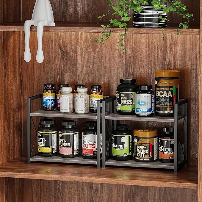 Giikin Countertop Shelf Organizer, 2 Tier Kitchen Spice Rack Organizer for Countertop, Wood Coffee Counter Shelf Organizer for Home (Grey, S)