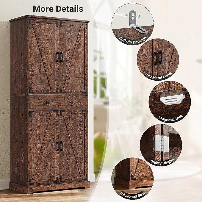 ELYKEN 72" Tall Kitchen Pantry Cabinet, Rustic Brown Farmhouse Pantry with Large Food Storage for Kitchen Dining Room Living Room