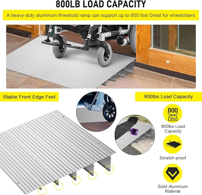 Door Threshold Ramp 5" Rise Door Ramp Aluminum Entry Ramp or Doorways Rated 800 lbs Load Capacity forWheelchair Scooters Power Chairs Walkers Metallic