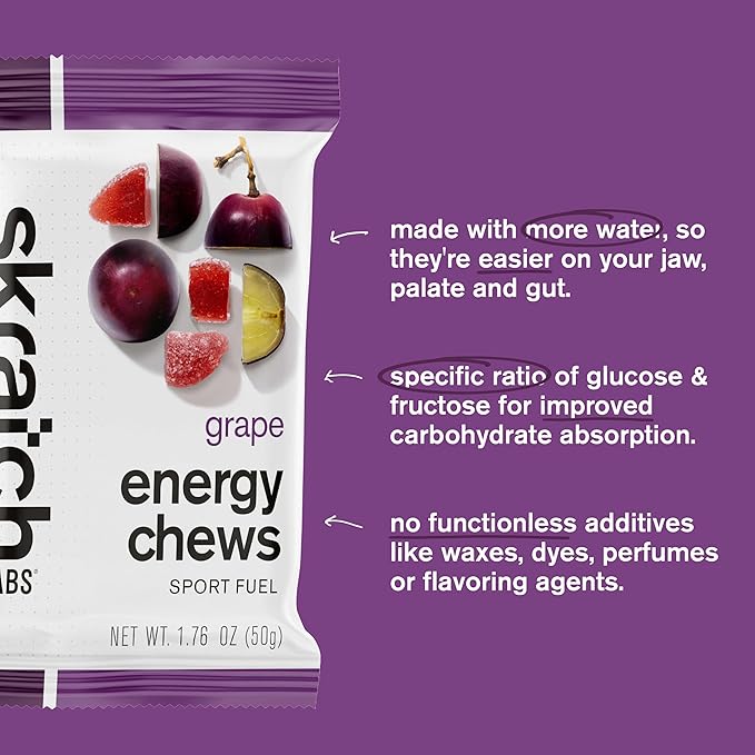 Skratch Labs Energy Chews | Gummies for Running, Cycling, and Sports Performance | Gel Alternative | Grape (10 Pack) | Gluten Free, Vegan