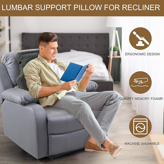 HOMBYS Sherpa Fleece Lumbar Support Pillow with Headrest for Recliner,Memory Foam Recliner Chair Cushion for Back Pain,Big High Back Support for Recliner with Chair Headrest for Elderly (Grey)