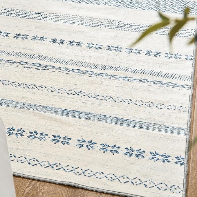 jinchan Moroccan Boho 5x7 Area Rugs for Bedroom - Machine Washable Soft Throw Rug Bohemian Ripple Design Non-Slip Carpet for Living Room Kitchen Dining Room Home Office (5‘x7', Blue)