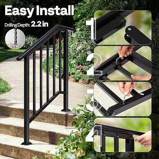 VIVOHOME 2-Pack 3 Step Galvanized Steel Hand Rails for Outdoor Steps – Black Oval and Safety Balusters Exterior Railing for Porch, Deck, or Indoor Stairs, Complete Installation Kit