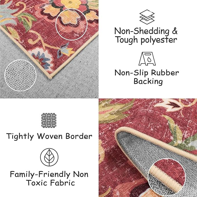 Beeiva Floral 3x5 Washable Rug Non Slip, Red Small Vintage Washable Rugs for Entryway, Ultra Thin Paisley Red Lightweight Entryway Carpet for Bathroom Kitchen Bedroom Office Christmas
