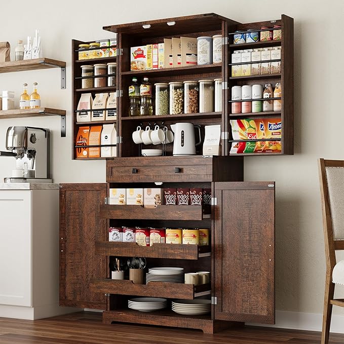 ELYKEN 72" Tall Kitchen Pantry Cabinet, Rustic Brown Farmhouse Pantry with Large Food Storage for Kitchen Dining Room Living Room