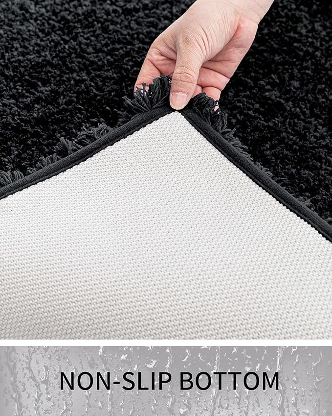 Bathroom Rugs 48x24, Ultra Thick Shaggy Soft Microfiber Absorbent Bath Rug, High Density Foam Latex Non Slip Backing, Machine Washable Bath Mats for Bathroom Floor & Sink, Black