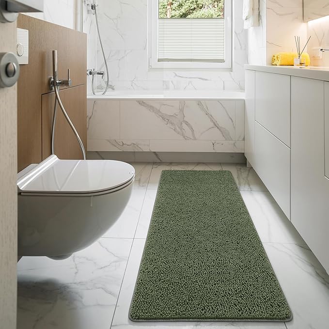 LOCHAS Luxury Bathroom Rug Shaggy Bath Mat 24 x 60 Inch, Washable Non Slip Bath Rugs for Bathroom Shower, Soft Plush Chenille Absorbent Carpets Mats, Olive Green