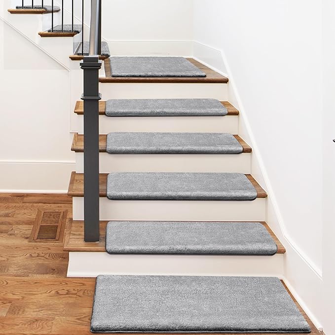 PURE ERA Carpet Stair Treads Ultra Plush 9.5" X 30"Soft Bullnose Indoor Stair Protectors Pet-Friendly Non-Slip Skid Resistant Tape Free Washable Reusable(7 Pieces,Gray)