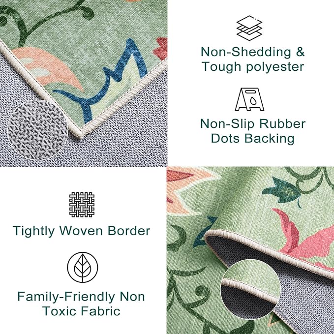 Beeiva Floral Runners for Hallways, Paisley Rug Runners 2x8 Washable with Ultra Thin Low Pile, Non Slip Rugs Carpet for Hall Way Kitchen Bathroom (Light Green,2'x8')