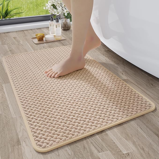 Bathroom Rugs Non Slip, Super Absorbent Quick Dry Bath Mats for Bathroom, Foam Weave Texture Thin Bath Rugs Washable with Rubber Backing Fit Under Door Outside Shower,16" x 24“