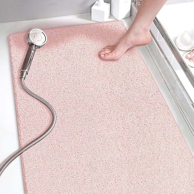 godehone Shower Mats Non Slip Without Suction Cups, PVC Loofah Bathroom Mats, Loofah Mats for Shower and Bathroom, Quick Drying, 15.7× 36 Inch, Pink