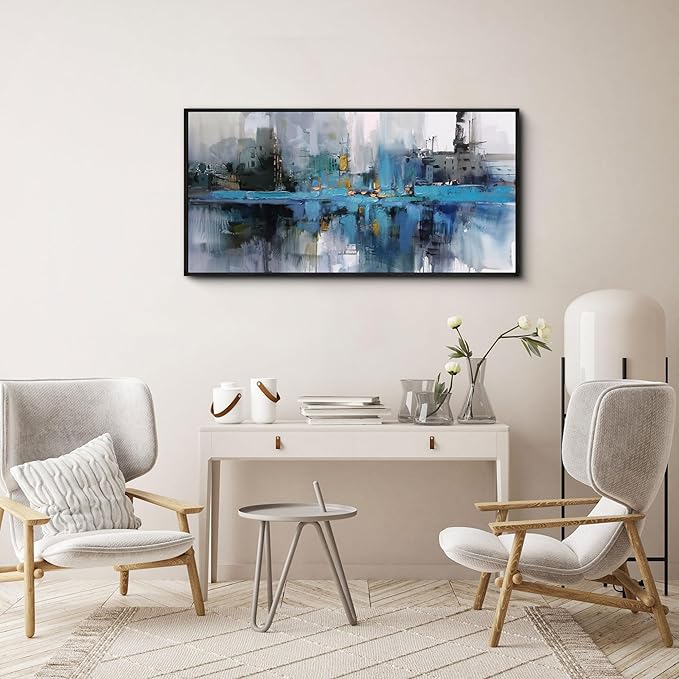 yiijeah Blue Wall art - Abstract Canvas Art Over Bed Wall Decor Bedroom Artwork for Wall Gray Picture Frames Painting Modern Wall Art for Living Room Office Home