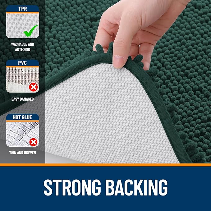 OLANLY Bathroom Rugs Sets 3 Piece, Soft Absorbent Chenille Bath Mat and U-Shaped Contour Toilet Rug, Quick Dry, Home Decor Accessories, Bath Mat Set for Floor (30"x20"+24"x16"+24"x20", Blackish Green)