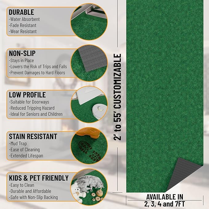 Ottomanson 2' x 53' Hallway Runner with Scraper Pile Extra Durable Non-Slip Rug Mat for Indoor & Outdoor Use - Ideal for Kitchen, Entryway, Patio & Garage - High-Traffic Carpet, Green