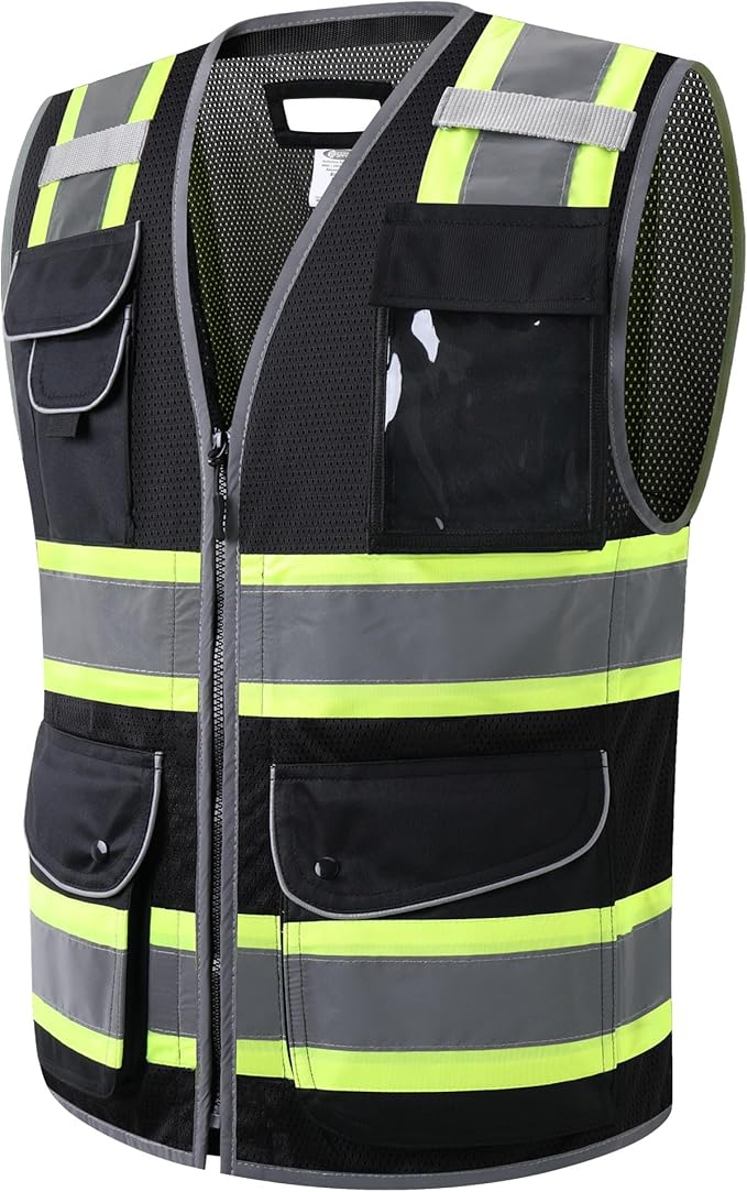 JKSafety 11 Pockets Hi-Vis Black Mesh Safety Vest for Men Women High Visibility Reflective Construction with Zipper Work Utility PPE Work Gear ANSI/ISEA compliant (102-Black 4XL)