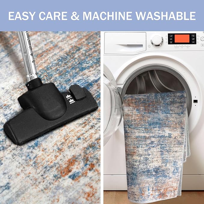 IOHOUZE Abstract Area Rugs 8x10 Ft Washable Large Rugs for Living Room, Non Slip Dining Room Rug, Printed Faux Wool Rugs for Bedroom, Floor Carpet for Office Nursery Playroom, Blue Rust