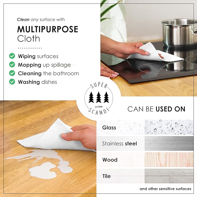 SUPERSCANDI 10 Pack Swedish Dishcloths for Kitchen - 100% Biodegradable & Compostable Reusable Paper Towels Washable, Food-Safe & Without Plastic - Dish Rags Suitable for Any Surface, White