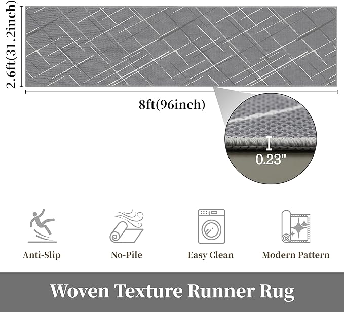 Kitchen Rugs Ultra Non-Slip 2.6x8 Washable Runner Rug Modern Tear and Stain Resistance No Pile Lightweight Runners for Entryway, Hallway, Walkway, Bedside, Entrance, Gray