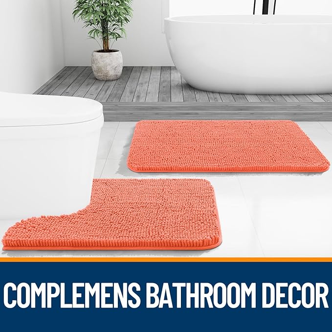 OLANLY Bathroom Rugs Sets 3 Piece, Soft Absorbent Chenille Bath Mats and U-Shaped Contour Toilet Rug, Quick Dry, Home Decor Accessories, Bath Mat Set for Bathroom (47"x20"+24"x16"+24"x20", Coral)