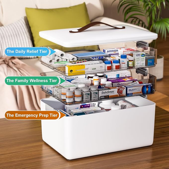 funest 3 Tier Medicine Storage Box Organizer Portable First Aid kit Box Empty with Handle, Multipurpose Medical Supply Organizer with Removable Tray, White