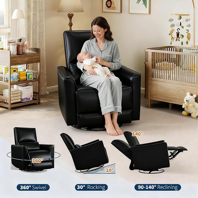 IDEALHOUSE Swivel Rocking Nursery Recliner Chair Rocker Recliner Glider Deep Seat PU Leather Sofa Chair with high Backrest for Nursery, Living Room, Bedroom & Home Movie Theater (Black)