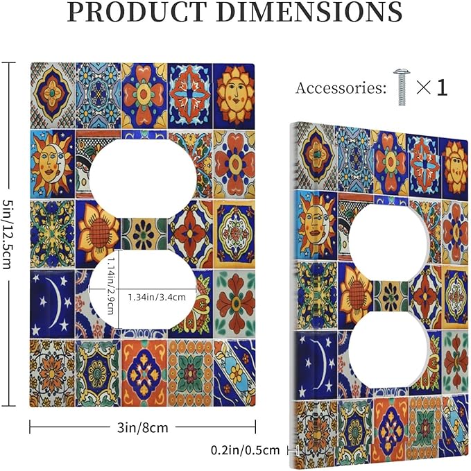 Outlet Covers Mid Century Talavera Shaped Tiles 1 Gang Duplex Wall Plate Decorative Switch Plates Electrical Receptacle Faceplate Light Switch Cover for Bedroom Bathroom Decor