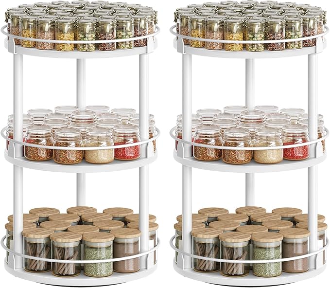 Spice Rack, Set of 2 Lazy Susan Organizer, 3-Tier Turntable Organizer For Cabinet, Compact and Versatile, for Kitchen Countertop, White SR23L2WW
