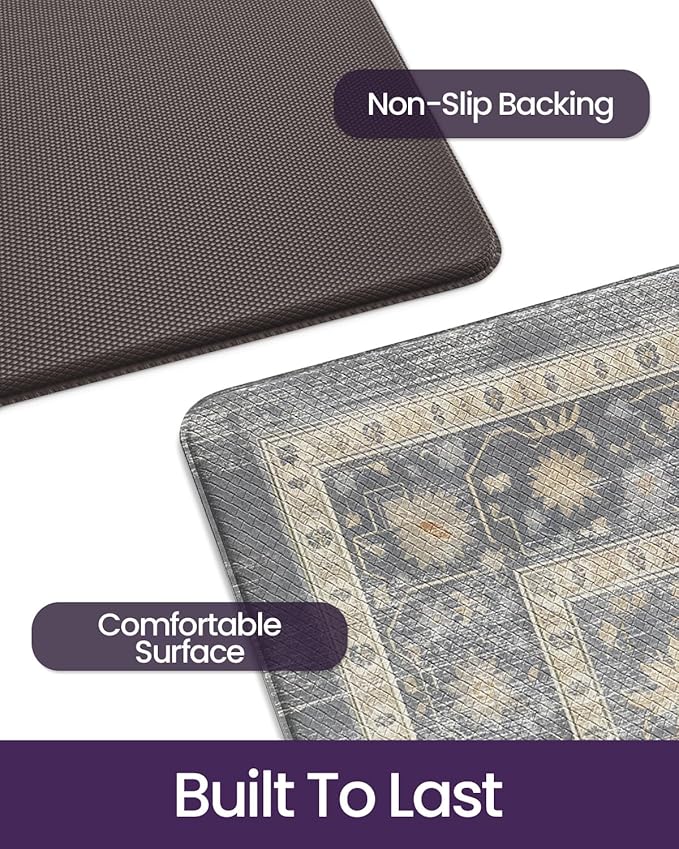 DEXI Kitchen Floor Mats Anti Fatigue, 17x29+17x59 Large Cushioned Runner Rug Waterproof, Standing Comfort Memory Foam Padded for Front Sink Laundry Office Set of 2, Dark Grey