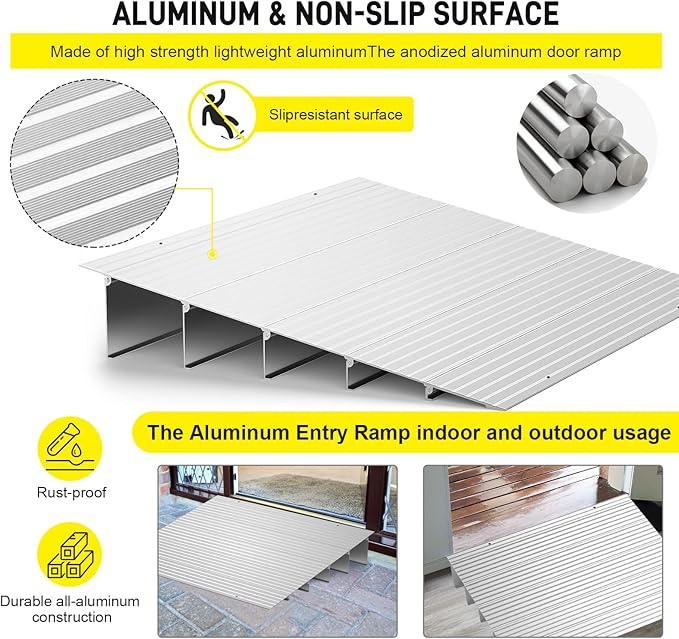 Door Threshold Ramp 5" Rise Door Ramp Aluminum Entry Ramp or Doorways Rated 800 lbs Load Capacity forWheelchair Scooters Power Chairs Walkers Metallic